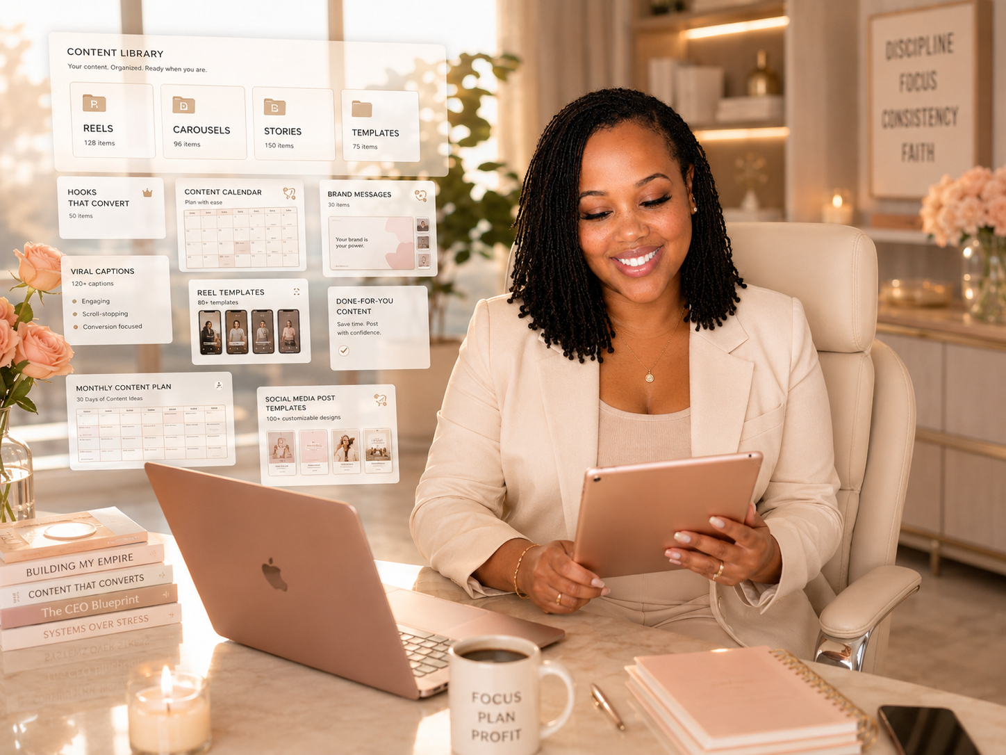 Organized content library with reels, templates, and a brand vision board